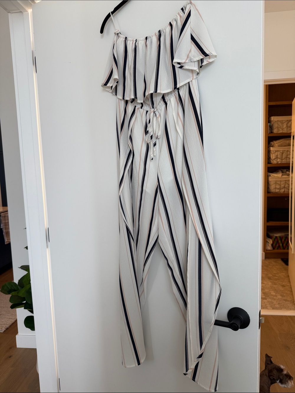 Boujee Boutique Cream One-Shoulder Striped Jumpsuit with Navy & Tan